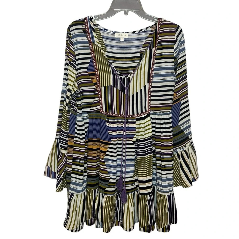 Velzera Boho Striped Tunic Top Small Ruffle Hem Tassel Tie - Picture 11 of 11